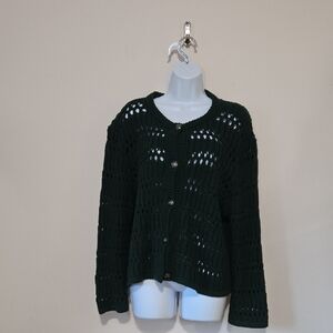 LOFT Dark Green Open-Knit Button-Front Cardigan